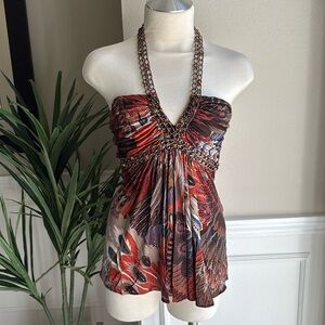 NEW SKY Brand Rhinestone Necklace Trim Silk Top Y2K Bronze